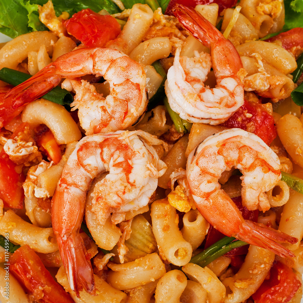 Macaroni with shrimp and tomato sauce food. Macaroni with shrimp and tomato sauce food.