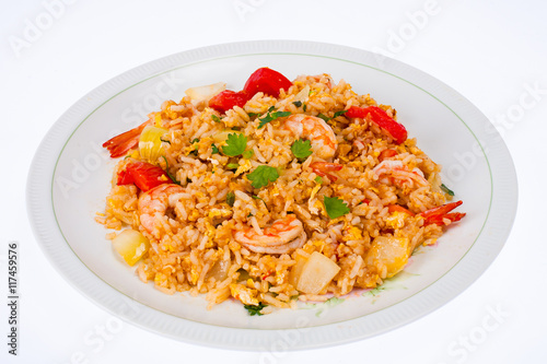 Fried rice with shrimp on white plate