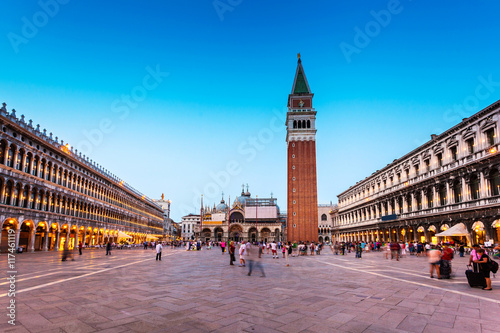 San Marco square with Campanile and Saint Mark's Basilica at dusk. The main square of the old town. Venice, Italy.