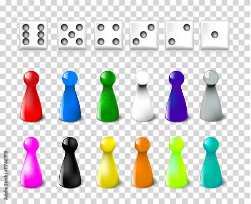 Set of dice and pawns. Multicolor vector isolated
