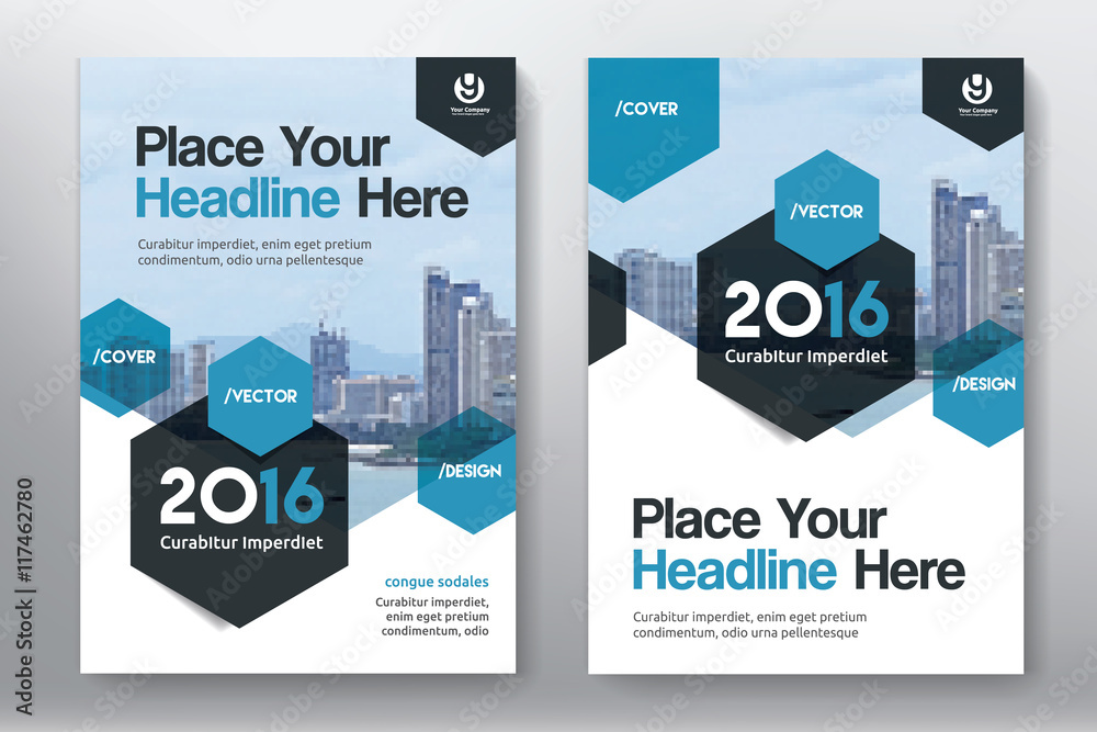 Fototapeta premium Blue Color Scheme with City Background Business Book Cover Design Template in A4. Easy to adapt to Brochure, Annual Report, Magazine, Poster, Corporate Presentation, Portfolio, Flyer, Banner, Website.