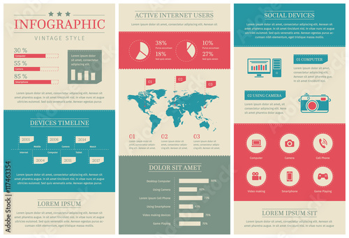 Flat vintage social media infographics.