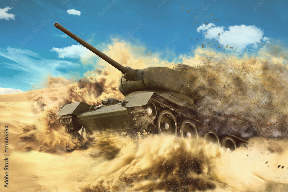 Fototapeta premium Battle Tank is moving in the desert