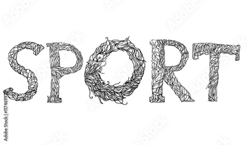 Vector word sport printed with hand drawn herbal alphabet.