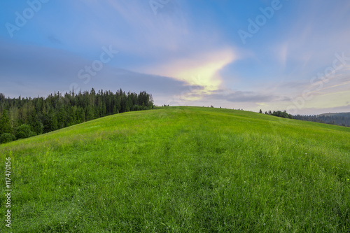 Mountain slope with green grass against the sky