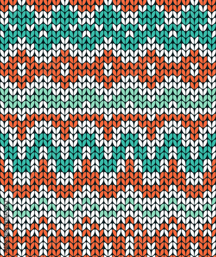 Green and orange knitting pattern. Seamless winter ornament background. Vector illustration.