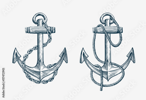 Vector hand drawn nautical anchor. Vintage sketch element ship, travel photo