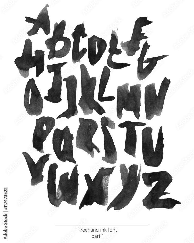Hand drawn with liquid black ink and brush freehand alphabet, part 1. Stylish capital letters can be used for lettering and quote design. Grainy bold font isolated on white background. Hand drawn with liquid black ink and brush freehand alphabet, part 1. Stylish capital letters can be used for lettering and quote design. Grainy bold font isolated on white background.