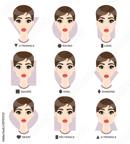 Set of different woman's face shapes. Nine female faces form