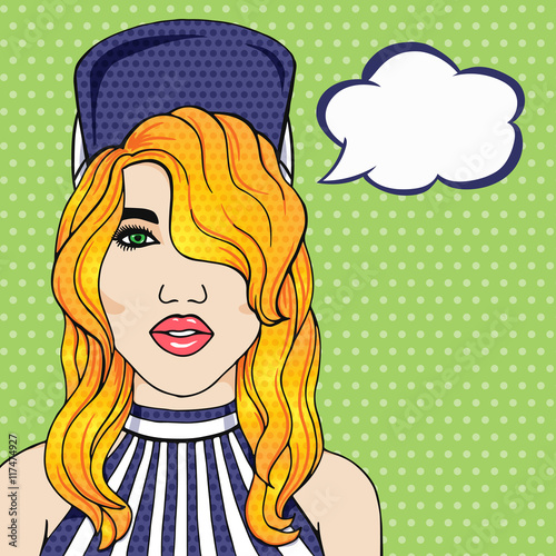 Young girl in cap with speech bubble in pop art comics style