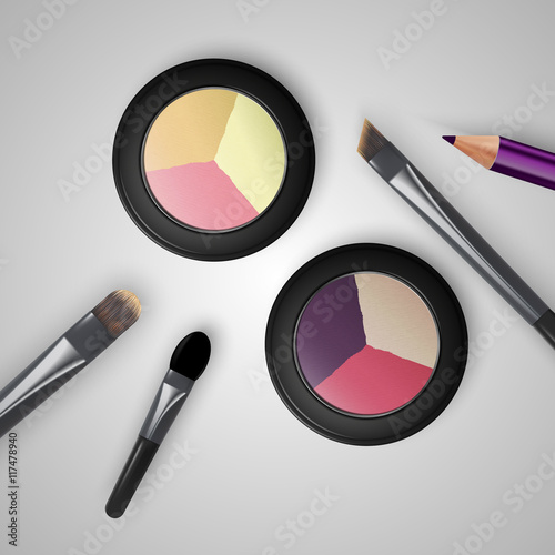 Set colored pallets with eye shadows, brushes for eye makeup and eyeliner. Triple eye shadows pallet. Vector illustration