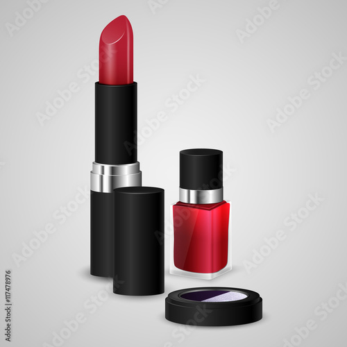 Red lipstick, nail polish and pearlescent eye shadows. Realistic bottle of nail polish, open tube of lipstick and pallets with purple eye shadows. Vector illustration © afendikoff