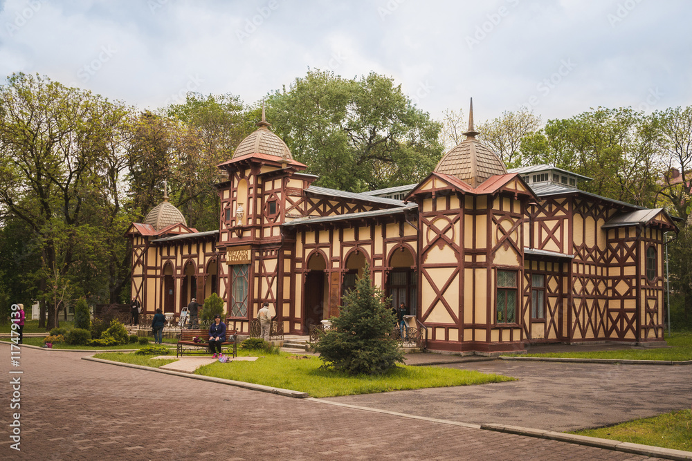 Half-timbered style pavilion. Modern art deco style building