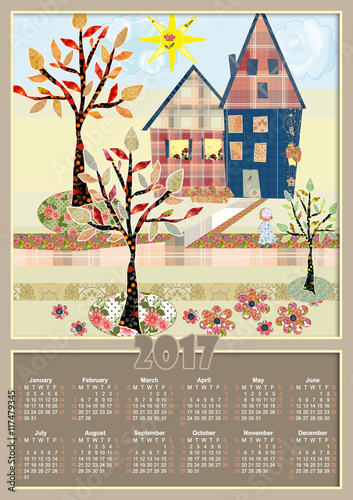 Calendar 2017 template with patchwork cutout quilt