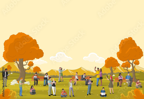 Business people in a park with smart phones and computers. Nature landscape.