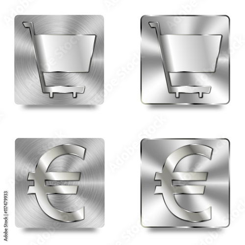 Vier Button mit Einkaufswagen und Euro in Silber
