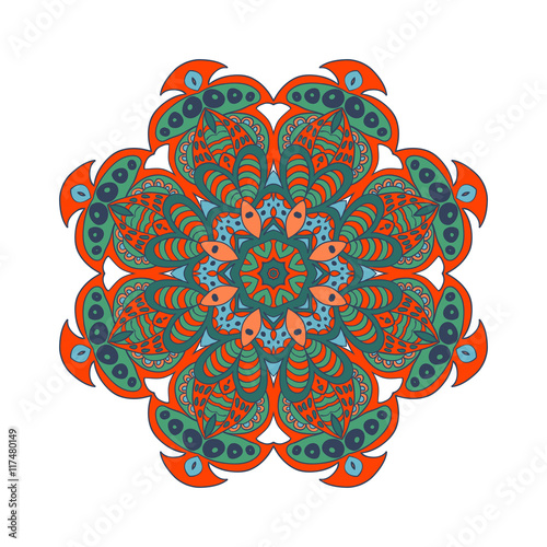 Mandala doodle drawing. Colorful floral round ornament. Ethnic solar Arabic motifs. Zentangle. Green, bright orange color.