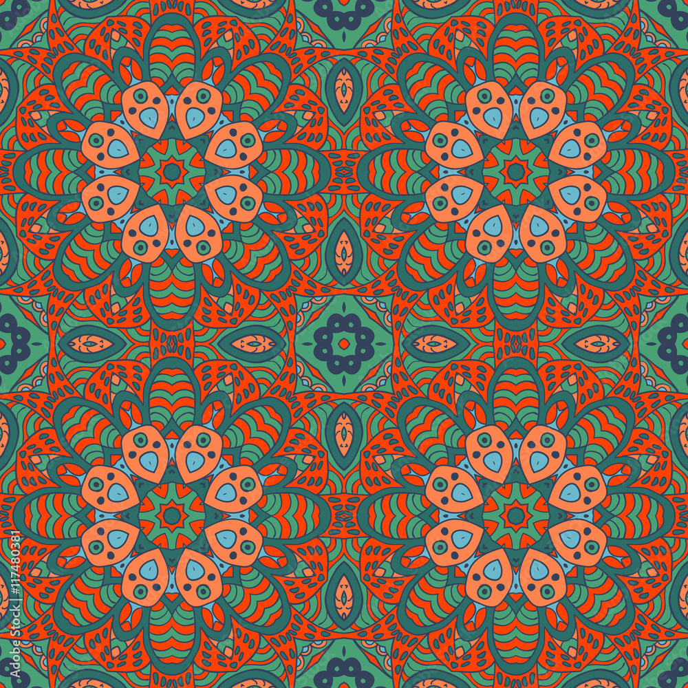 Mandala doodle drawing. Colorful floral seamless ornament. Ethnic solar Arabic motifs. Zentangle. Green, blue, bright orange color. Vector