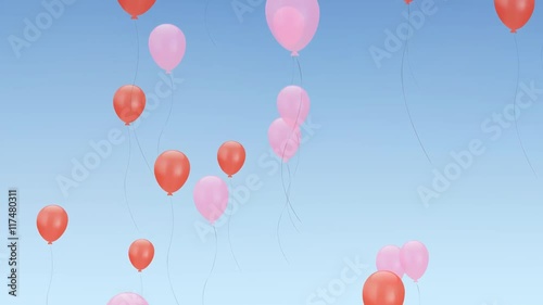 Flying pink and red party balloons in blue sky. Celebration, anniversary, birthday concept. HD animation.