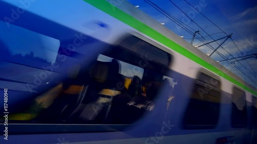 4K View from Fast Moving Train, Window POV Blurred Landscape and Train