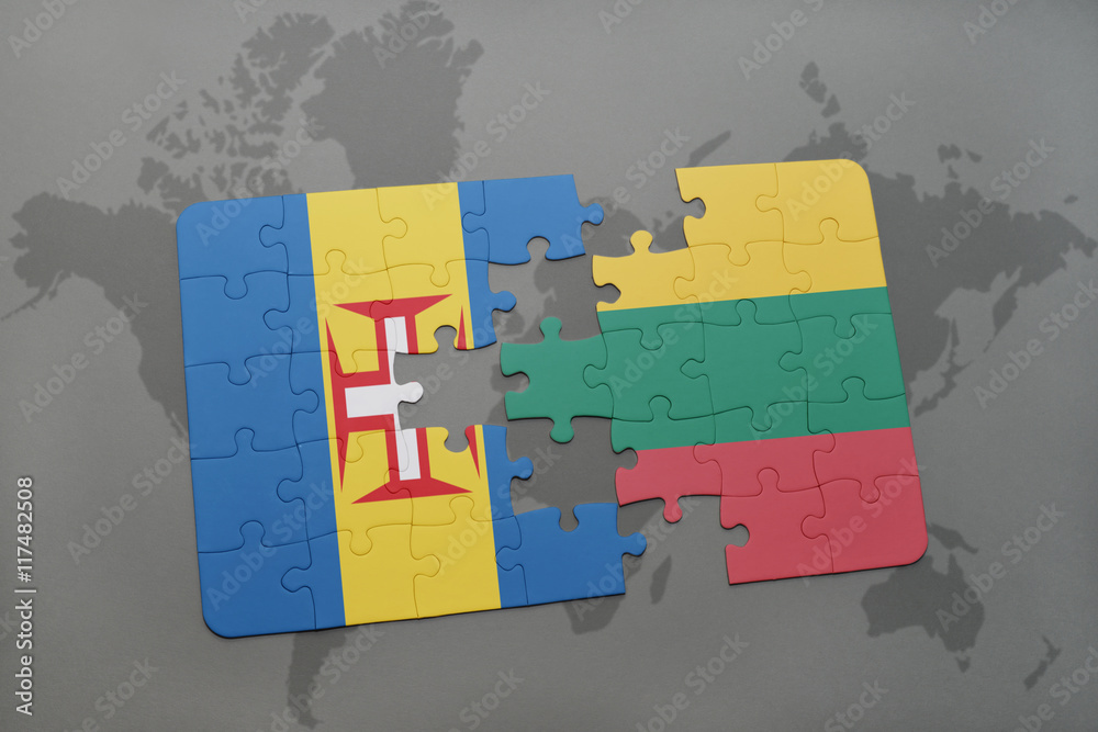 puzzle with the national flag of madeira and lithuania on a world map ...