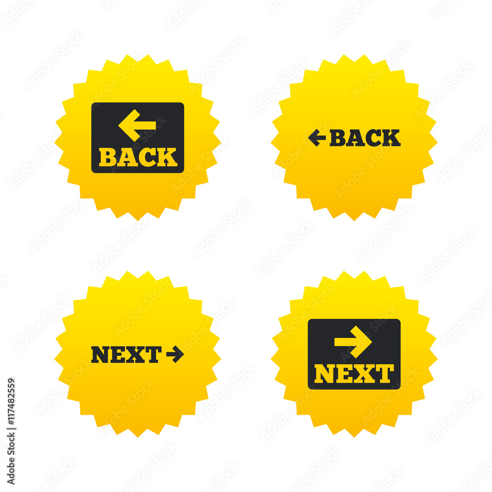 Back and next navigation signs. Arrow icons. Back and next navigation signs. Arrow icons.