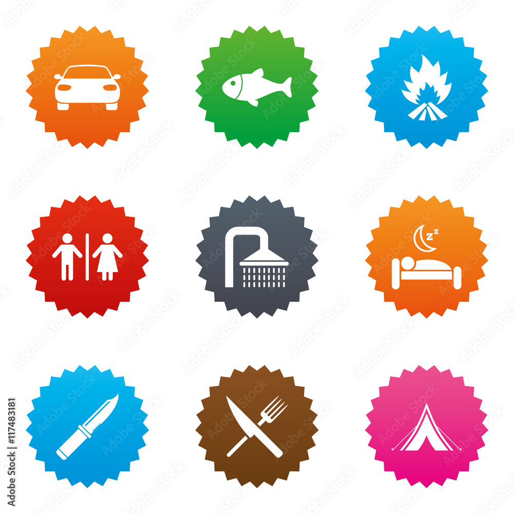 Hiking travel icons. Camping, shower and toilet. Hiking travel icons. Camping, shower and toilet.