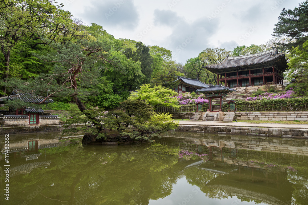 Buyongji Pond and Juhamnu Pavilion at Huwon (Secret Garden) at the Changdeokgung Palace in Seoul, South Korea. Buyongji Pond and Juhamnu Pavilion at Huwon (Secret Garden) at the Changdeokgung Palace in Seoul, South Korea.