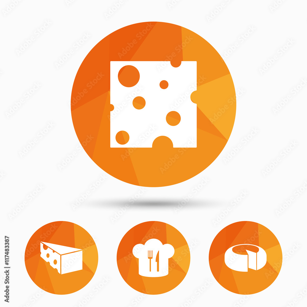 Cheese sign. Sliced food with chief hat icons. Cheese sign. Sliced food with chief hat icons.