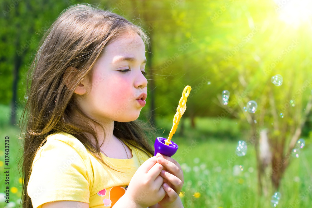 Beautiful Happy little Girl blowing Soap Bubbles in a Summer Meadow Beautiful Happy little Girl blowing Soap Bubbles in a Summer Meadow