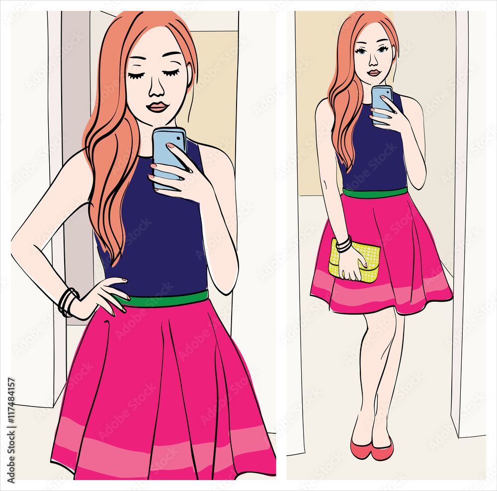 ginger girl taking a mirror selfie with cute outfit Stock Vector | Adobe  Stock