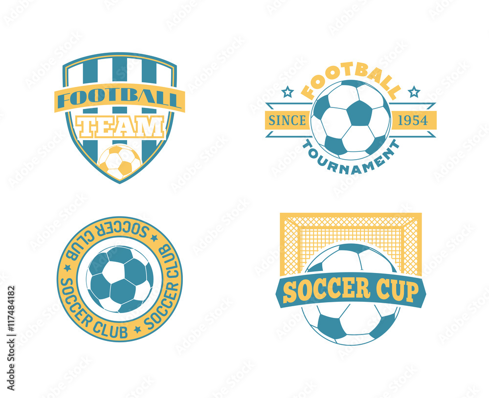 Naklejka premium Set of european football, soccer labels, emblems and design championship elements. Vector set of soccer logo football tournament icon symbol. Soccer logo team emblem badge sport competition.