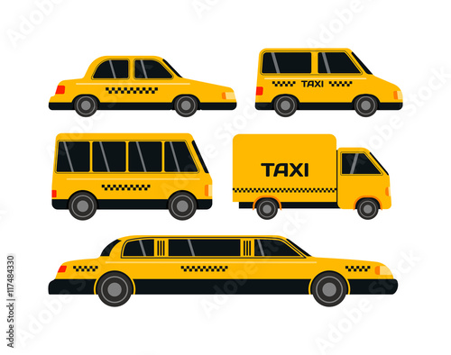 Transport set of taxi vector objects silhouette on white background. Taxi transport travel cab vehicle shipping tourist silhouette. Passenger street yellow road delivery taxi transport.