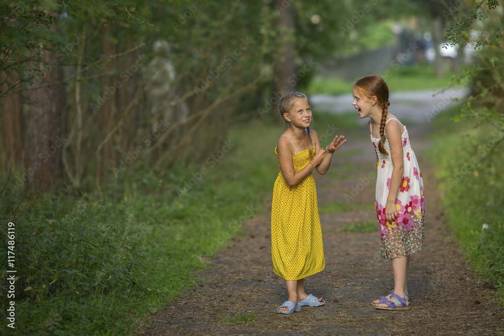 Two cute little girls talking animatedly standing in a Park. Two cute little girls talking animatedly standing in a Park.