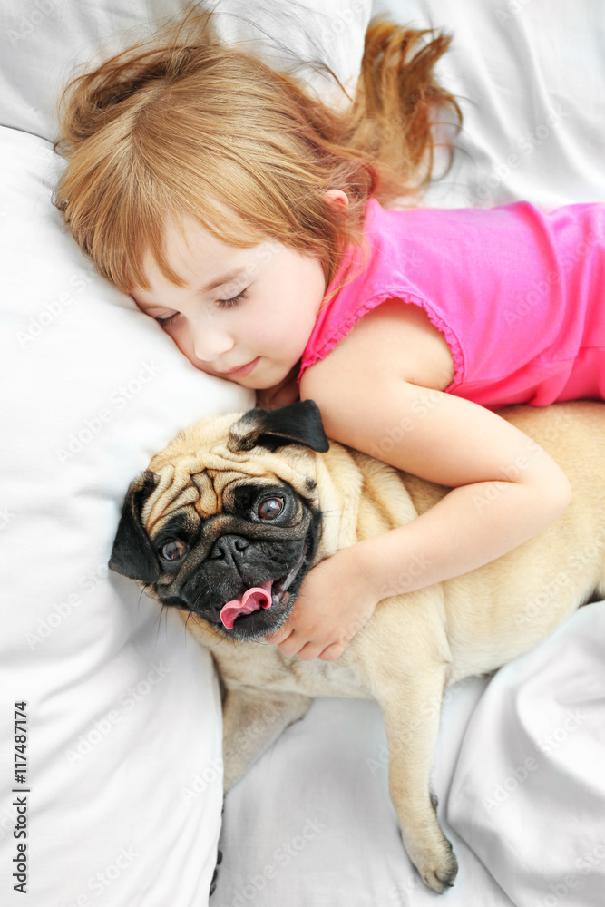 Beautiful girl and cute pug on bed Beautiful girl and cute pug on bed