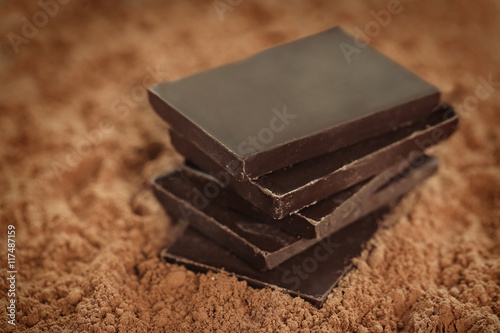 Chocolate pieces on cocoa powder background