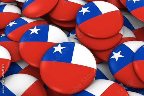 Chile Badges Background - Pile of Chilean Flag Buttons 3D Illustration