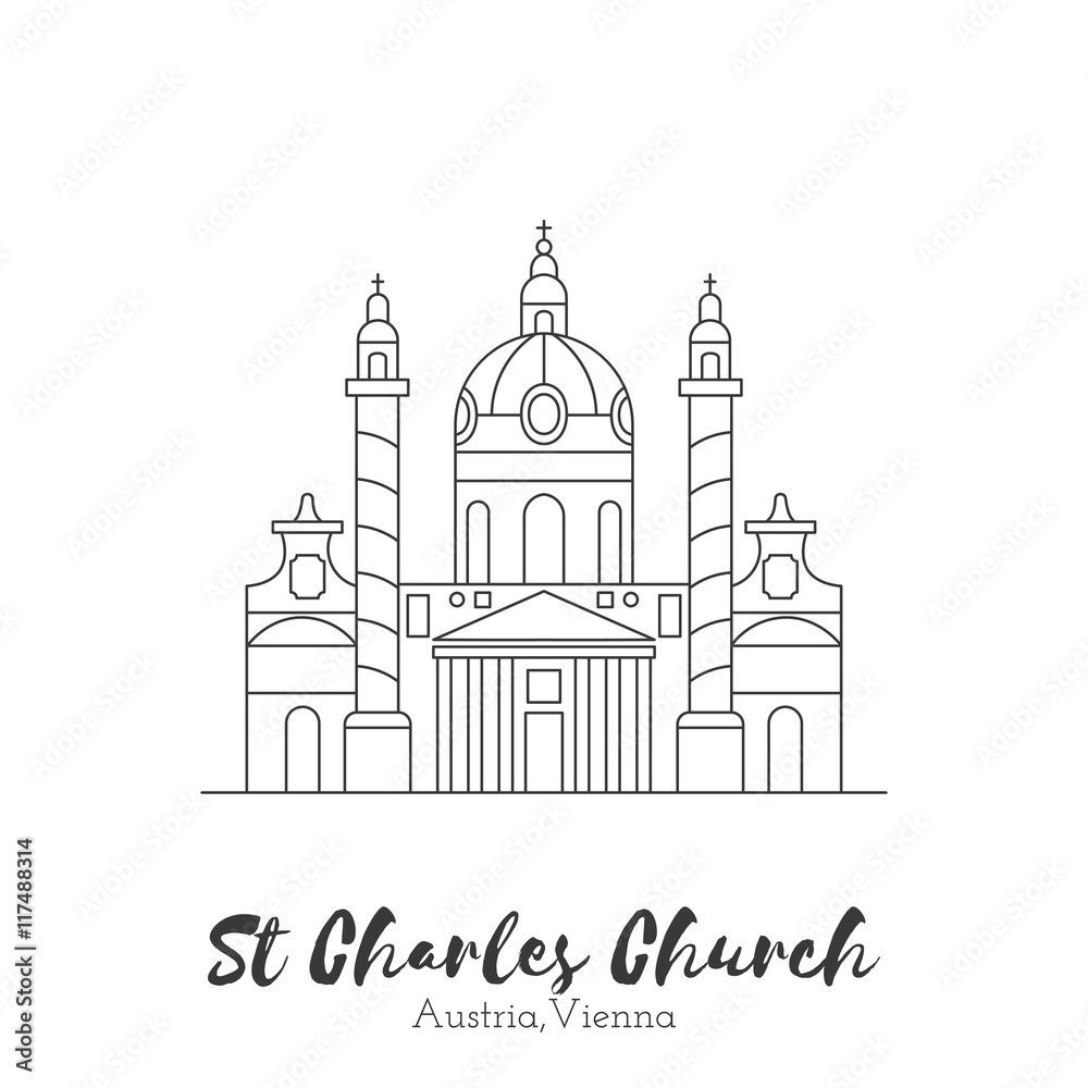 Vienna, Austria. St. Charles Church in black thin line isolated on white background. European landmark. Icon architectural monument and world tourist attraction. Black and white vector illustration.