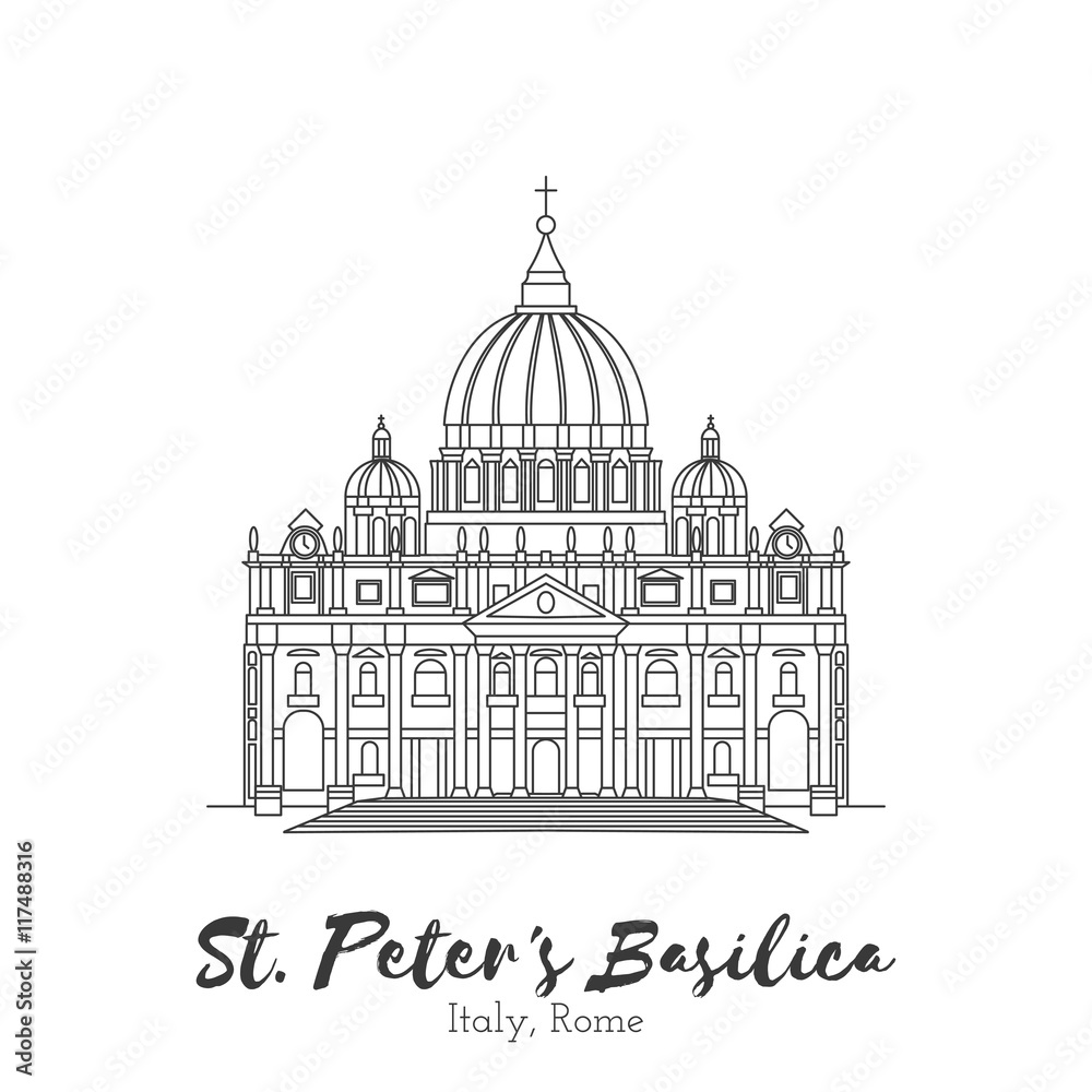 Rome, Vatican, Italy. St. Peters Basilica in black thin line isolated on white background. European landmark. Icon architectural monument, world tourist attraction. Black and white vector illustration