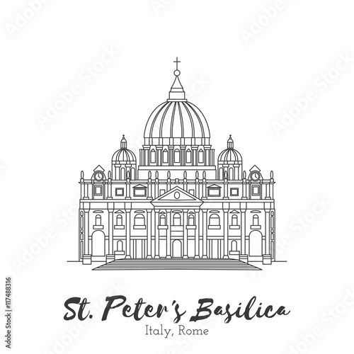 Rome, Vatican, Italy. St. Peters Basilica in black thin line isolated on white background. European landmark. Icon architectural monument, world tourist attraction. Black and white vector illustration