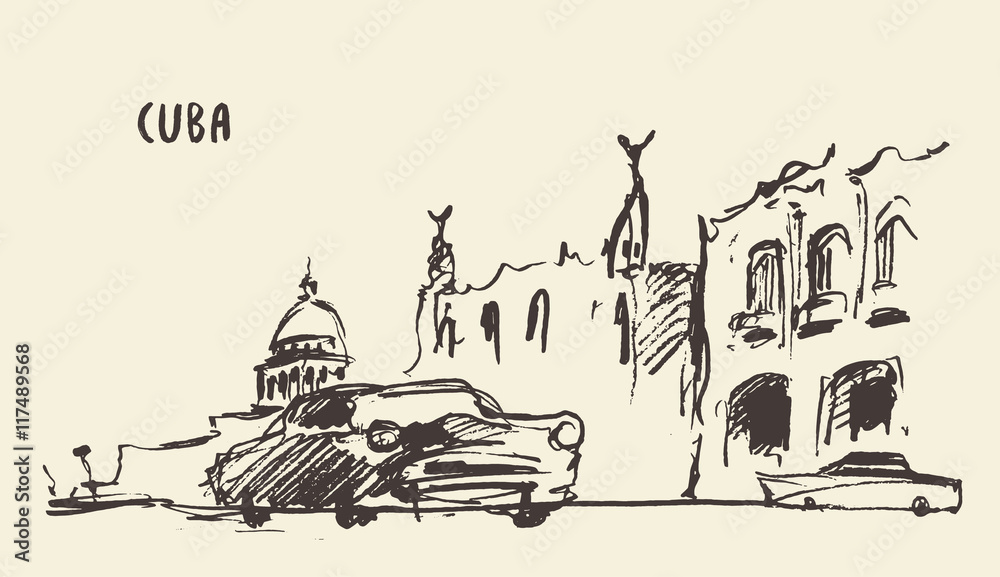 Sketch of a streets in Cuba. Vector illustration.