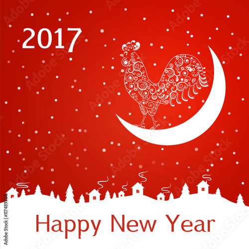 vector illustration. New year, Christmas background. openwork rooster on the background of the moon, houses and trees, snow