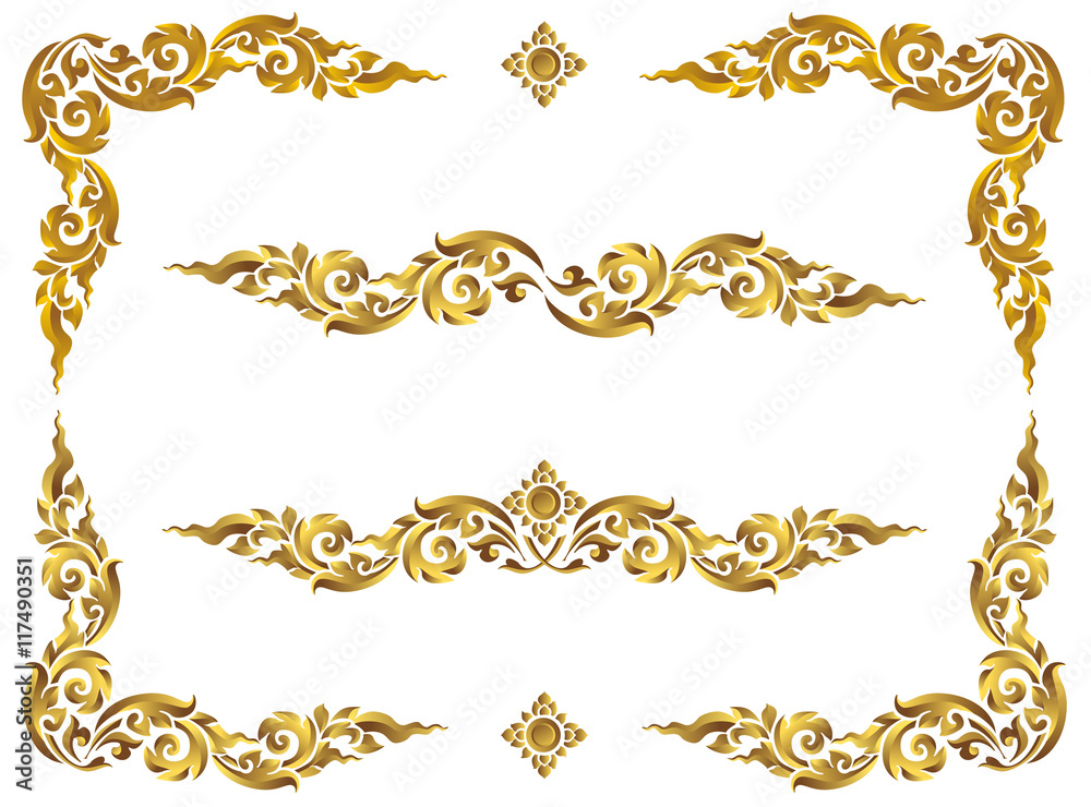 Gold photo frame with corner line floral for picture, Vector design decoration pattern style.frame floral border template, wood frame border design is patterned Thai style Gold photo frame with corner line floral for picture, Vector design decoration pattern style.frame floral border template, wood frame border design is patterned Thai style