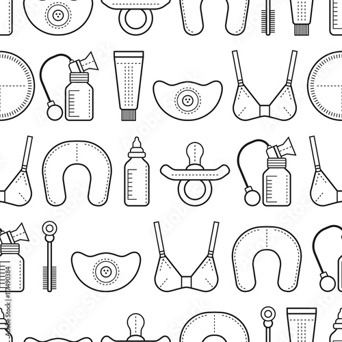 Breastfeeding. Seamless pattern, background with linear flat icons. Motherhood.