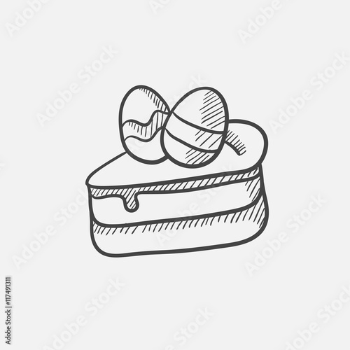 Easter cake with eggs sketch icon.