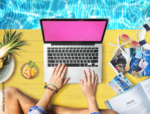 Female Hands Typing Macbook Poolside Concept