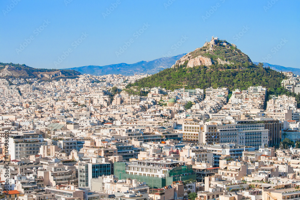Beautiful view at Mount Lycabettus and the city of Athens, Greece.