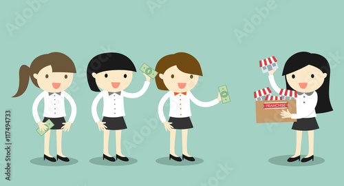Business concept, Businessman woman is selling her franchise/shop to another business women. Vector illustration.