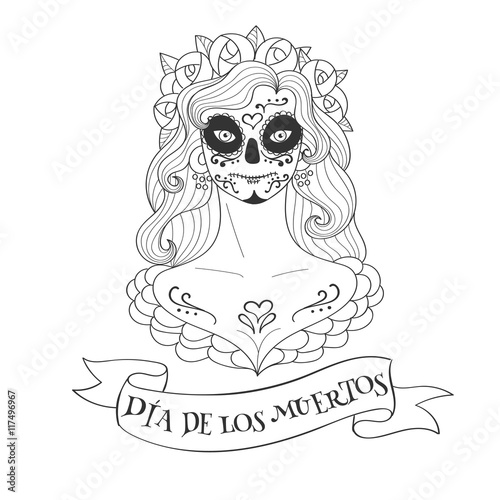 Sugar skull woman. Dia de los Muertos (the Day of the Dead) template for posters, cards etc.