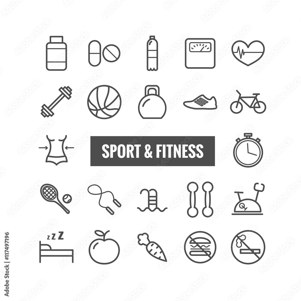 Set of sport and fitness outline icons. Linear icons for web, mobile apps Set of sport and fitness outline icons. Linear icons for web, mobile apps